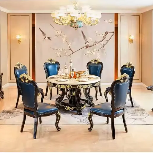 ^& European Luxury Dining Room Furniture Set Carved Solid Wood Frame Round Marble Tabletop Dining Table With 6 Leather Chairs