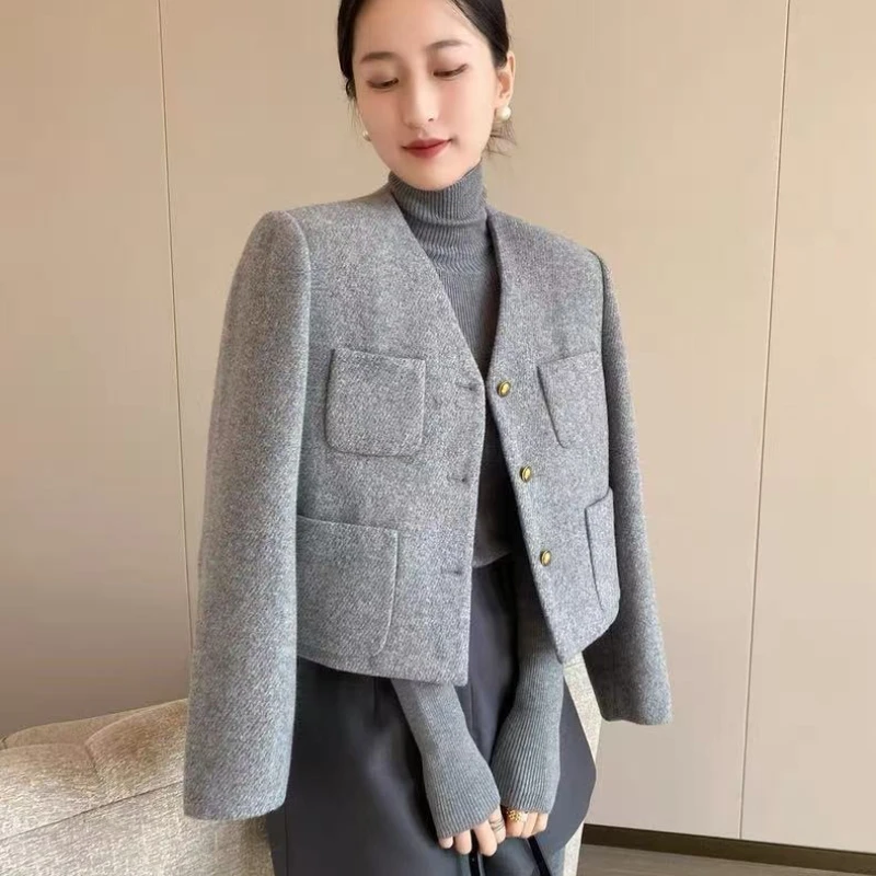 Abrigo de lana gris de alta calidad para mujer, chaqueta de invierno con bolsillo Retro y un solo pecho, Tops elegantes de manga larga para oficina para mujer