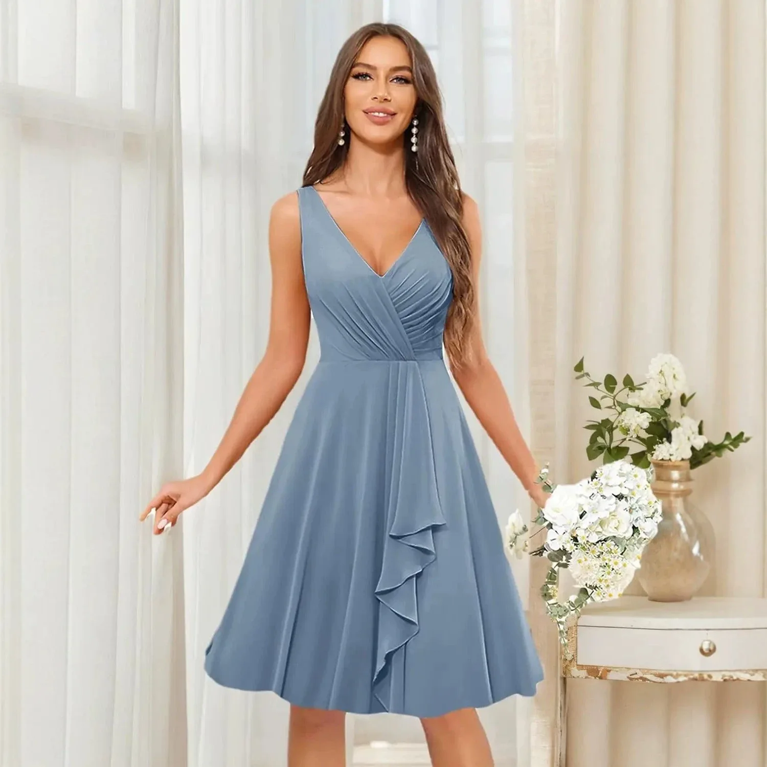 V Neck Sleeveless Ruched Chiffon Bridesmaid Dress Knee Length Ruffle A Line Short Formal Wedding Party Dresses Vestido view 4