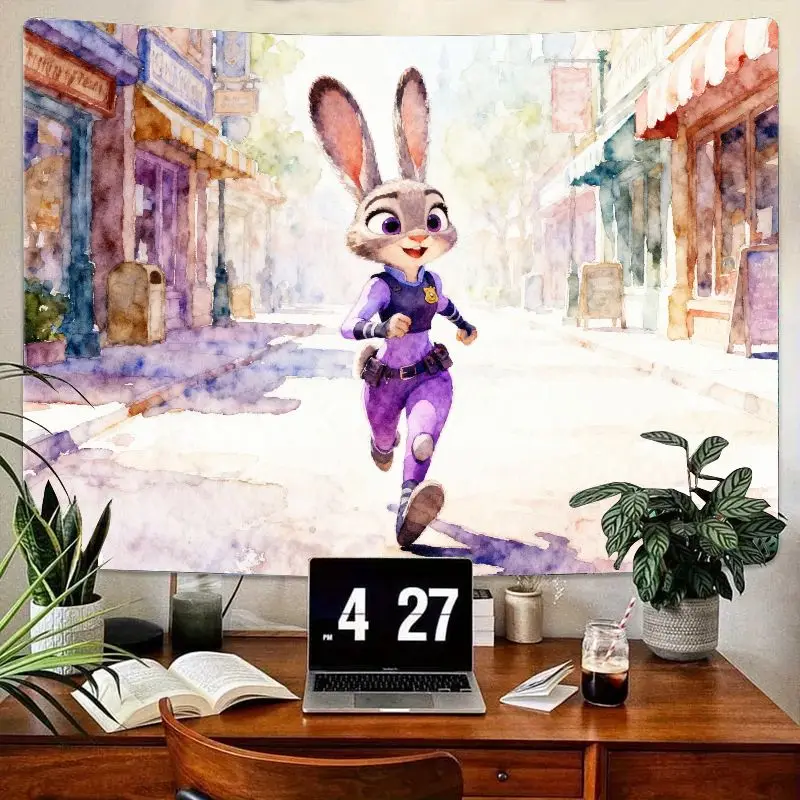 

1PC Zootopia Judy Hopps Running Watercolor Tapestry. Modern Cute Police Bunny Polyester Wall Art for Kids Bedroom Living Room Gi