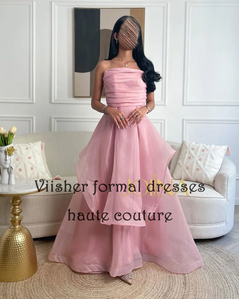 Gaun malam Organza bayi Pink untuk wanita lipatan tanpa tali A Line gaun malam Formal Dubai Arab gaun malam panjang lantai