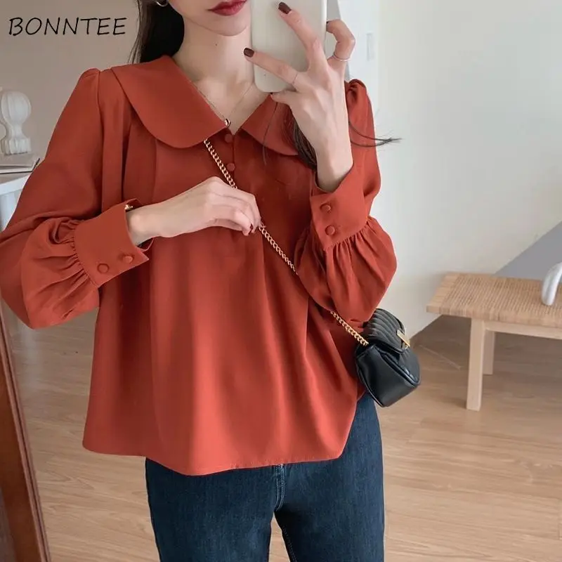 

Long Sleeve Women Shirt Chiffon Peter Pan Collar Vintage Cozy All-match Solid Trendy Korean Style Temperament Ins Popular Spring