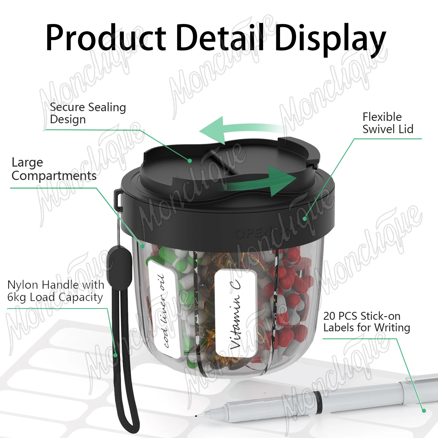 7 مقصورات منظم حبوب الدواء موزع السفر علبة حبوب منع الحمل الأسبوعية مع تصميم مضاد للمزيج 20 ملصق حاوية مكملات محمولة M/L