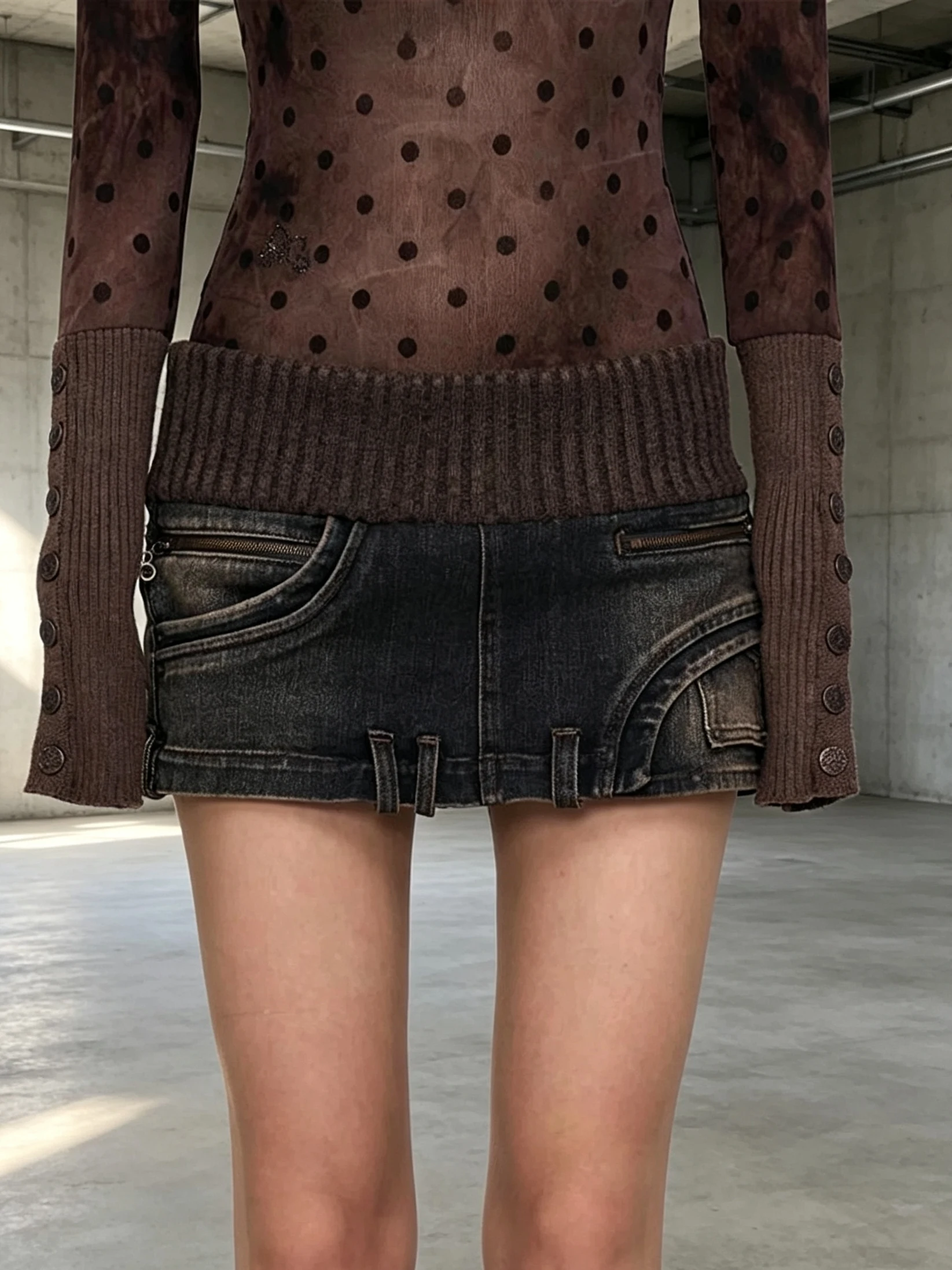 Low Waist Denim Knitted Short Skirt Women's Y2K Millennium Style Splice Bodycon  Skirt Trendy Casual Zipper Closure