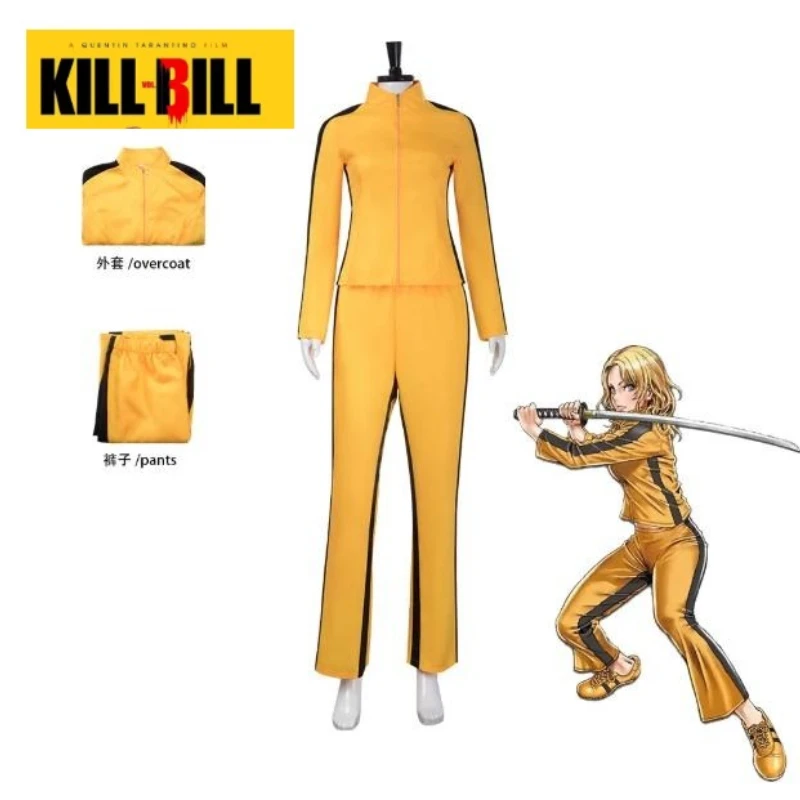 

Movie Kill Bill Uma Thurman The Bride Cosplay Costume Yellow Sporty Leotard Overcoat Pants Outfits for Adult Role Play Halloween