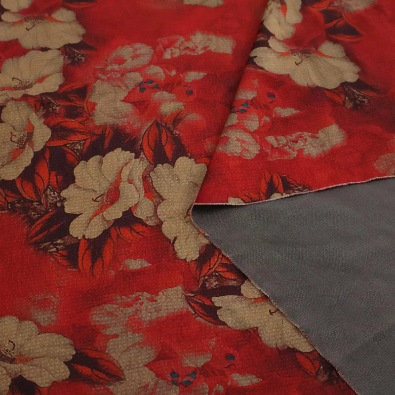 2Yards Chinese-style green and red imitation Xiangyunsha printed satin chiffon faux silk glossy fabric for Hanfu and cheongsamB view 5