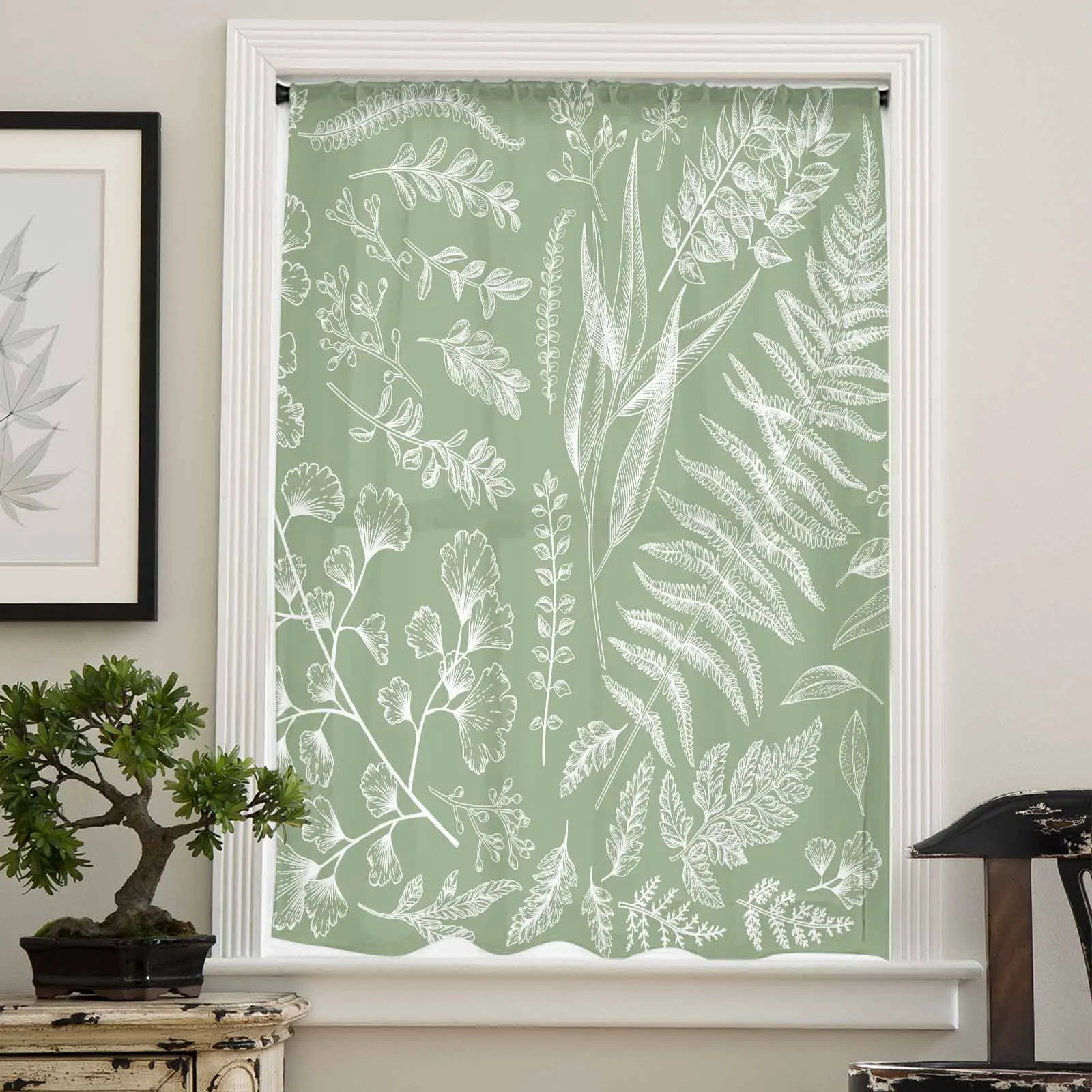 Sage Green Fern Plant Leaves Sheer Curtain Living Room Drapes Home Bedroom Voile Curtain Tulle Window Curtain