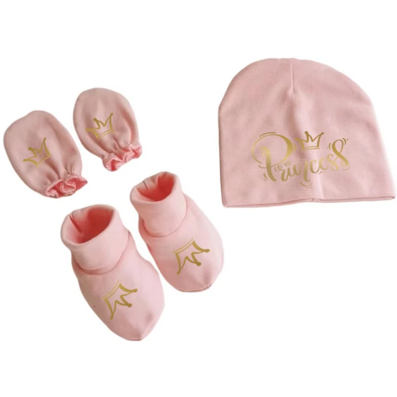 newborn baby hat set photography props cotton beanie with gloves foot covers letter  princess prince crown