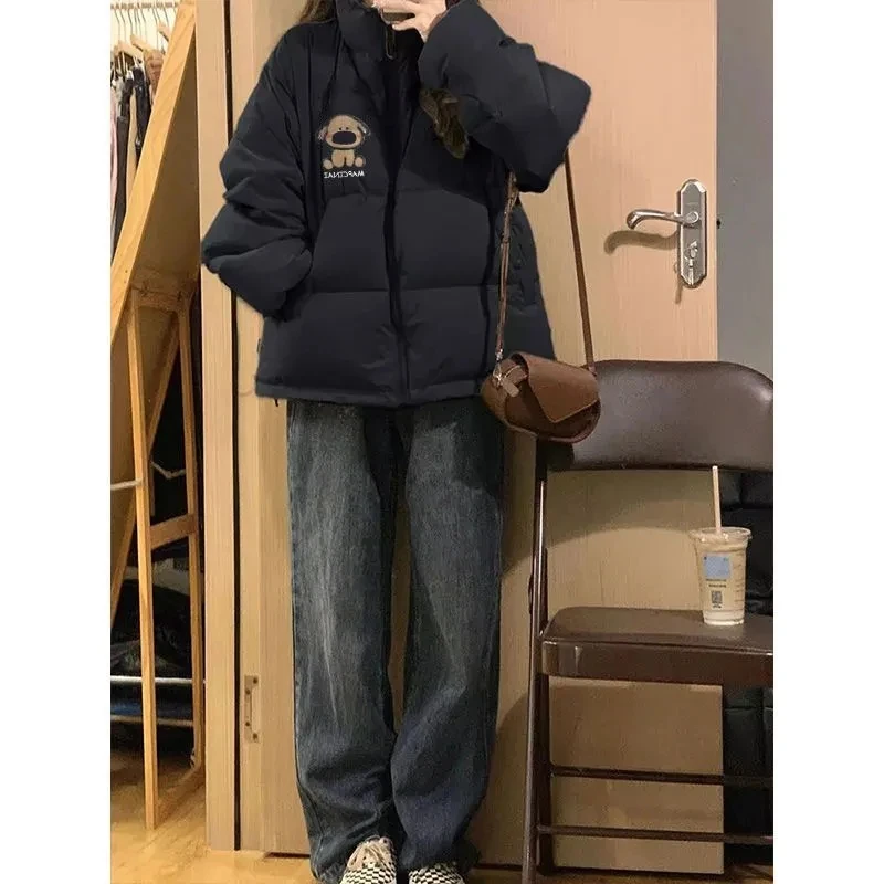 

American Cartoon Versatile Printed Zipper Thick Cotton Jacket For Women Loose Winter New Lazy Style Warm Stand Up Collar Jacket