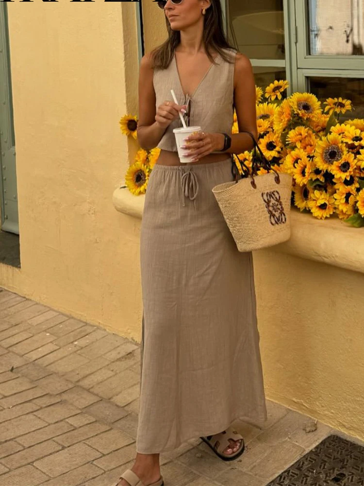 HH-Conjunto de falda y chaleco liso Vintage para mujer, chaleco corto con lazo elegante y falda informal con cordón de cintura alta, ropa de calle