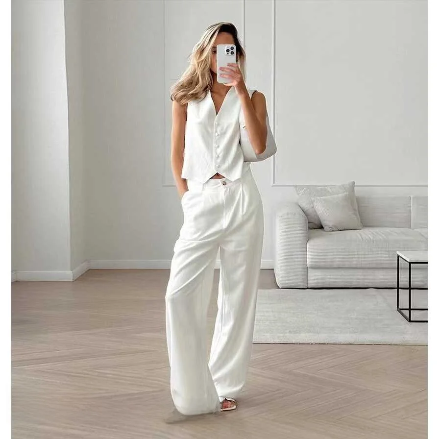 Setelan Rompi dan Celana Panjang Musim Panas Modis, Katun, Kancing, Dua Potong untuk Wanita 8-25 Tahun...