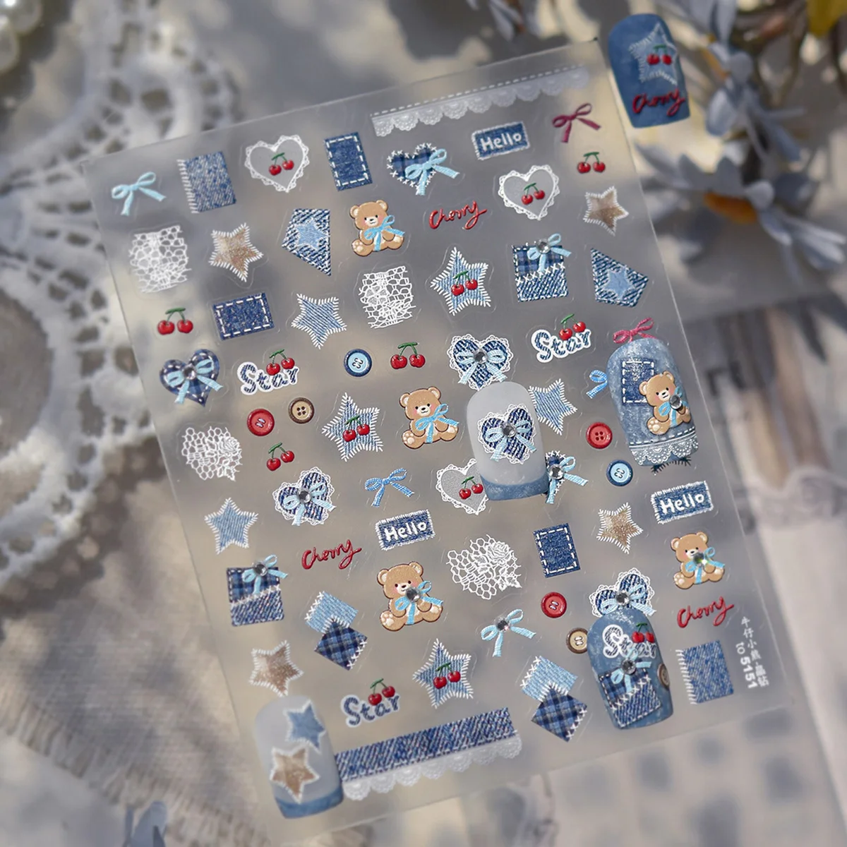 สติกเกอร์ติดเล็บลายหมียีนส์สีน้ำเงิน TSZS 5D Y2k ลายดาวสีเงินโบว์แมว สติกเกอร์ติดเล็บ INS Y2K