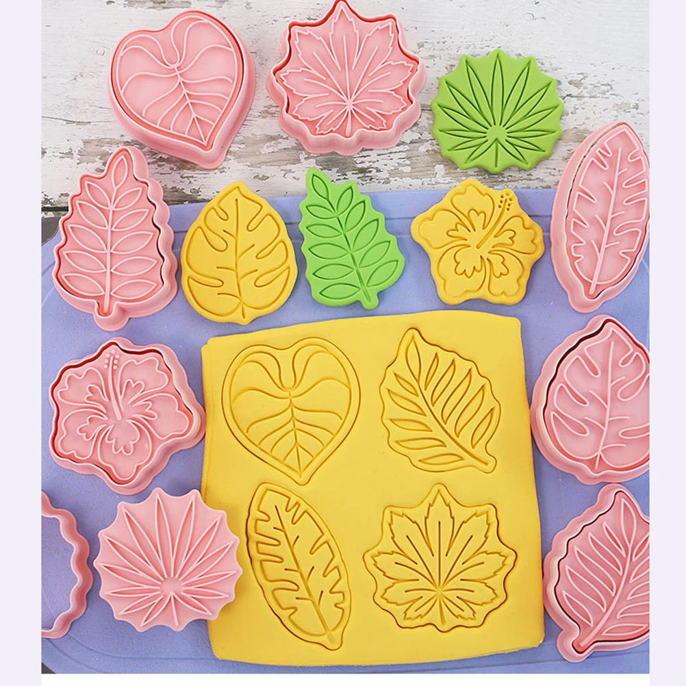 

8 Pcs/set Cookie Cutters Plastic 3D Tropical Leaves Pressable Biscuit Mold Cookie Stamp Kitchen Baking Pastry Bakeware