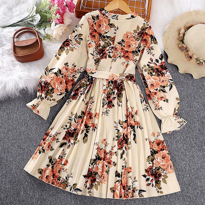 Kids Casual Dress for Girls Clothes 2024 Spring Autumn New Children Floral Print Long Sleeve Princess Pleat Dress Fashion 7-14Y