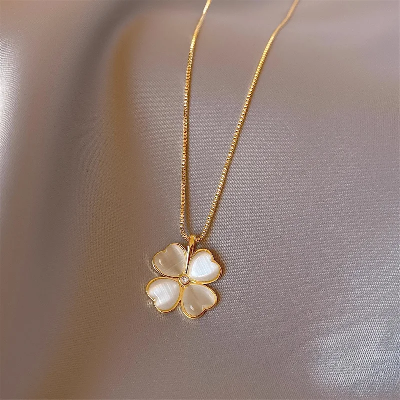 2023 Lucky Four Clover Necklace for Women Stainless Steel Opal Flower Pendant Gold Color Necklaces Fashion Wedding Jewelry Gift