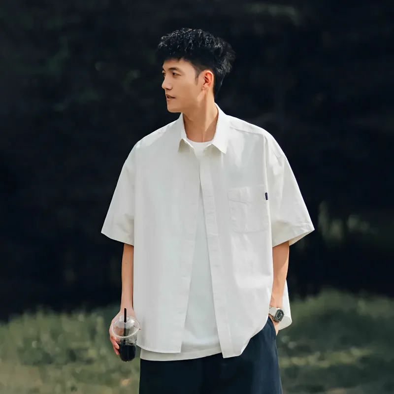 Unisex Japanese Style Oversized Short Sleeve Shirt Solid Color Casual Work Shirt Minimalist Layering Top For Summer