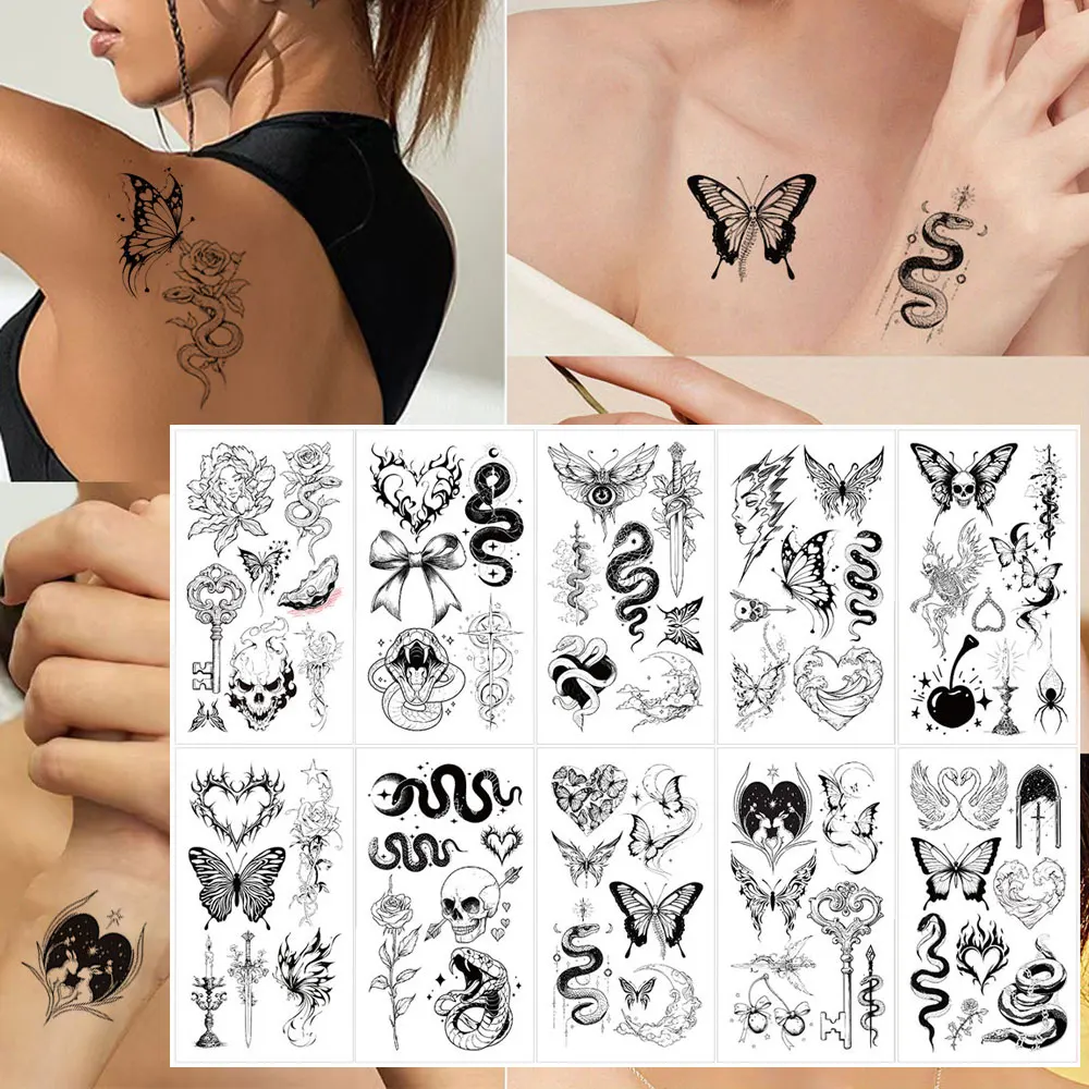 10pcs Black Butterfly Snake Temporary Tattoo Stickers Fake Tattoos For Women Men Hand Body Tattoo