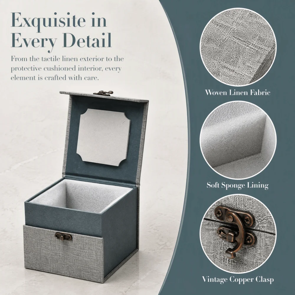 Linen Fabric Ball Jointed Doll Head Storage Box Sponge Lining Density Board BJD Doll Head Container Gray Copper Clasp