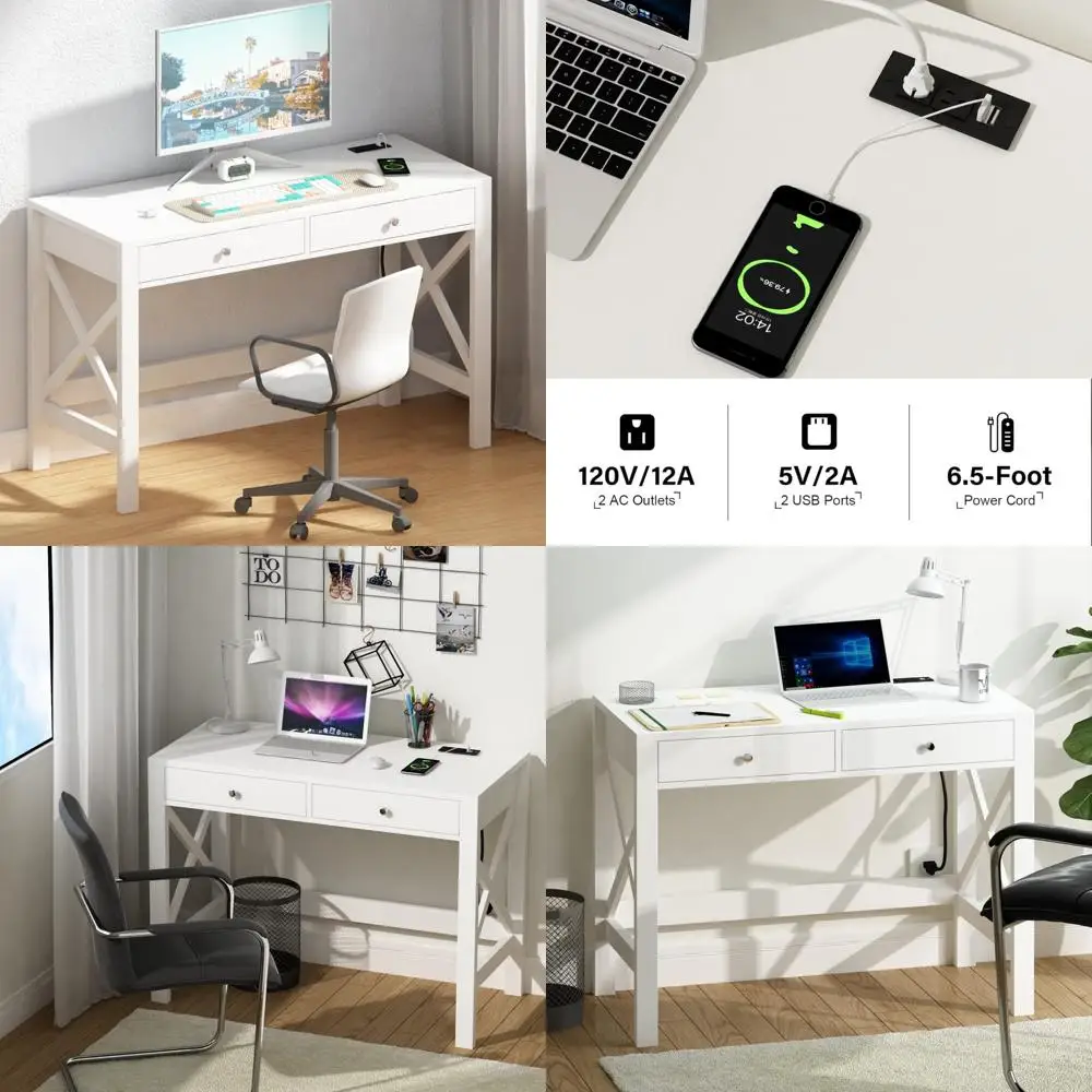 

White 39-inch ChooChoo Computer Desk with USB Ports and Outlets, Compact Study Writing Table with Storage Drawers