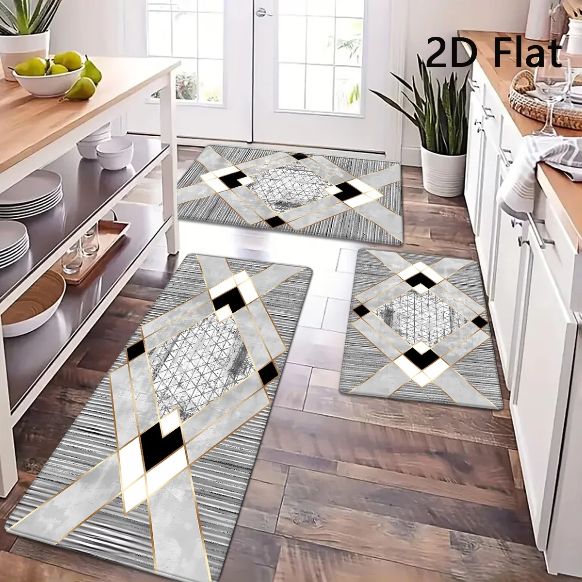 Nordic Gray Marble Kitchen Rug Non Slip Gold Line Geometric Floor Mat Washable Decorative Runner for Hallway Laundry Room Rug