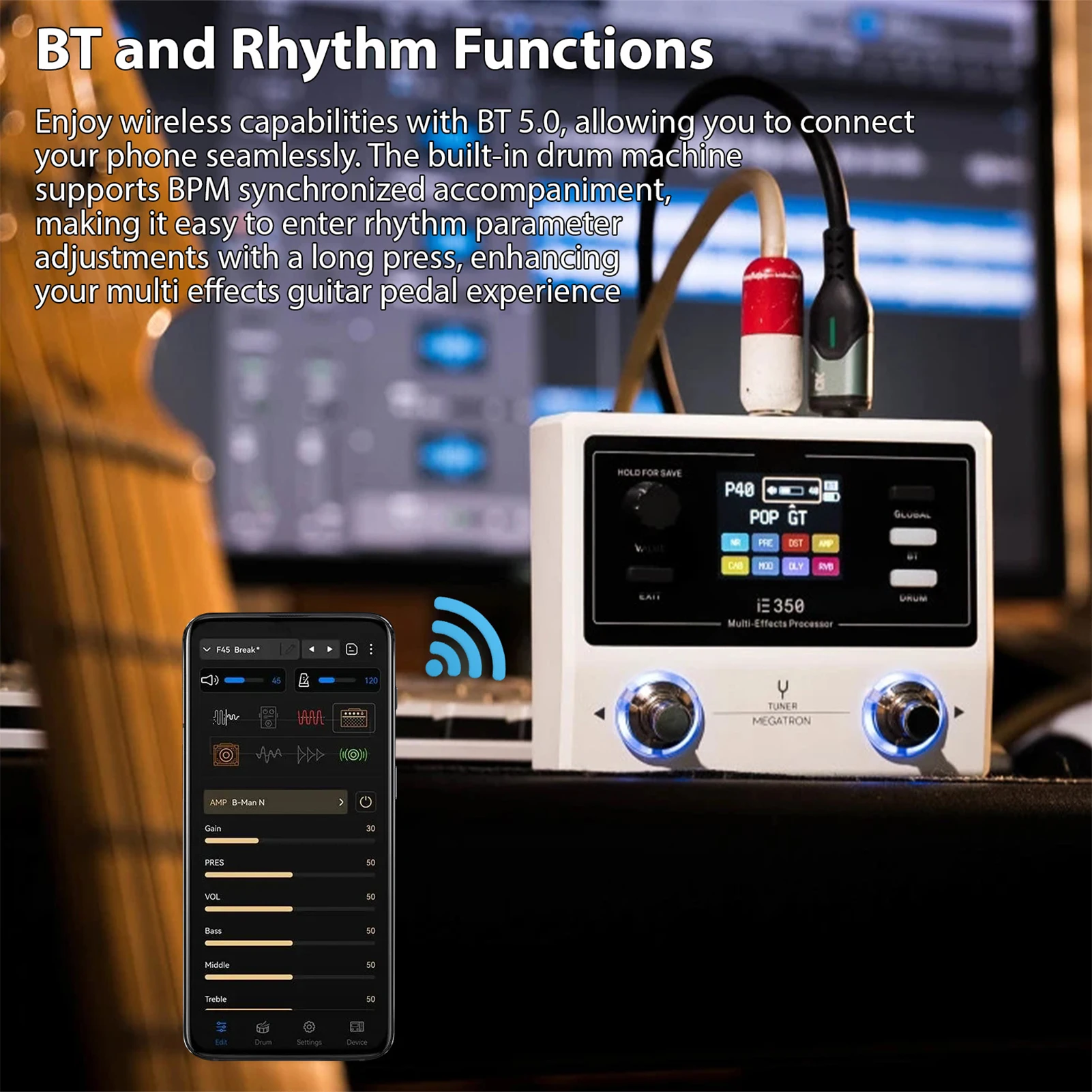 Pedal de efectos de guitarra DK IE-350, procesador multiefecto de guitarra portátil, procesamiento de sonido de 24 bits, 44,1 kHz, BT 5,0, batería integrada