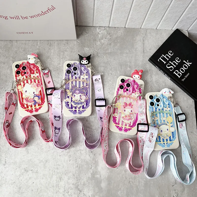Funda de teléfono con cordón cruzado 3D Hello Kitty Kuromi para iPhone 16 15 14 13 12 11 Pro Max XS X XR 7 8 Plus cubierta a prueba de golpes