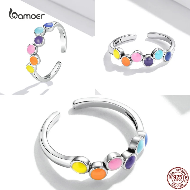 Bamoer New Fashion Rainbow Heart-Shape Silver Ring for Women Real 925 Sterling Silver Colorful Star Ring Fine All-Match Jewelry