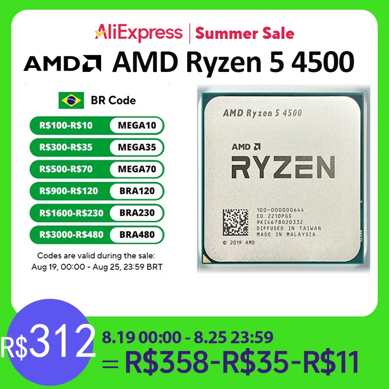 AMD 게이머 CPU 프로세서 소켓, 라이젠 5 4500 R5 4500, 6 코어, 3.6 GHz, 12 스레드, 7NM, 65W, AM4 