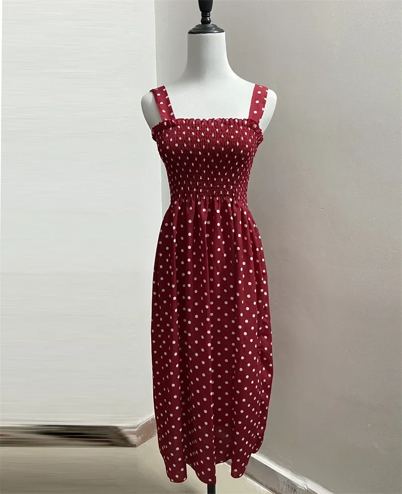 Damen Sommer Polka Dot Chiffon Langes Kleid Elegantes Quadratischer Ausschnitt Ärmelloses Kleid Lässige Damenkleider – Detail 7