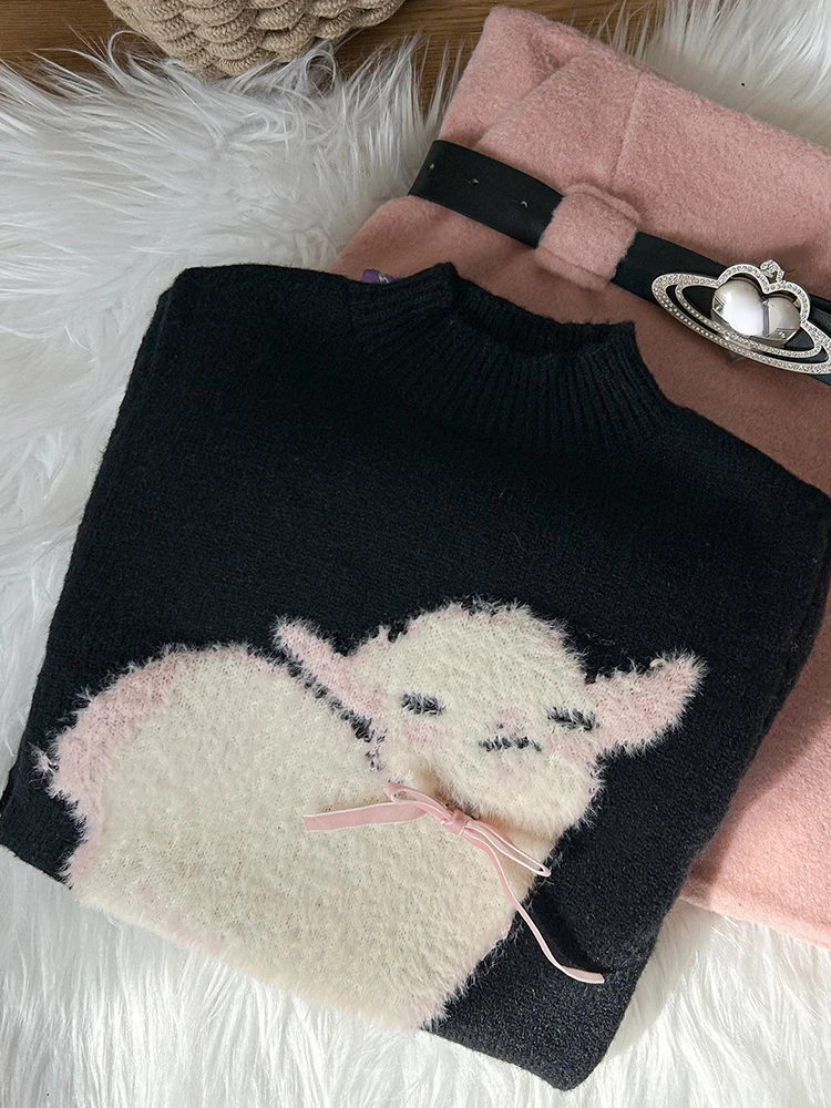 Otoño Invierno mujer lindo núcleo coreano Kawaii Jumper suéter de cuello alto 2000s prendas de punto estéticas Vintage jerseys acogedores