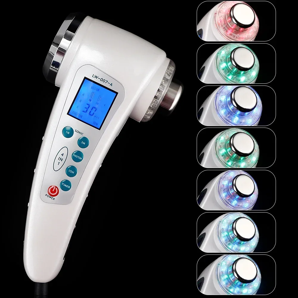 4 IN 1 LCD Display Beauty Equipment 1MHZ Ultrasound+3MHZ Ultrasonic+Galvanic Ion +Led Photon Skin Rejuvenation Facial Massager