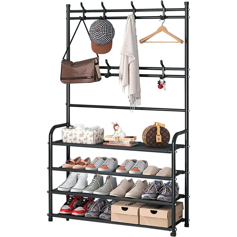 Coat Rack Shoe Rack Freestanding Shoe Organizer with Hooks for Entryway Bedroom Closet, 4 Tier Black