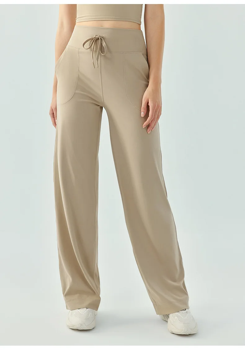High Waist Women Drawstring Pure Color Long Loose Pocket Pants Breathable Comfortable Fitness Outdoor Sports Running Yoga Pants