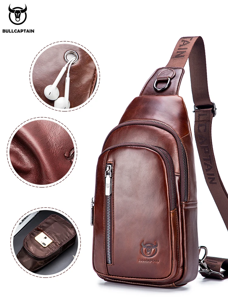 BULLCAPTAIN Couro Genuíno Saco Peito dos homens Moda Lazer Multifuncional Crossbody Bag Música Saco Peito dos homens Saco Peito