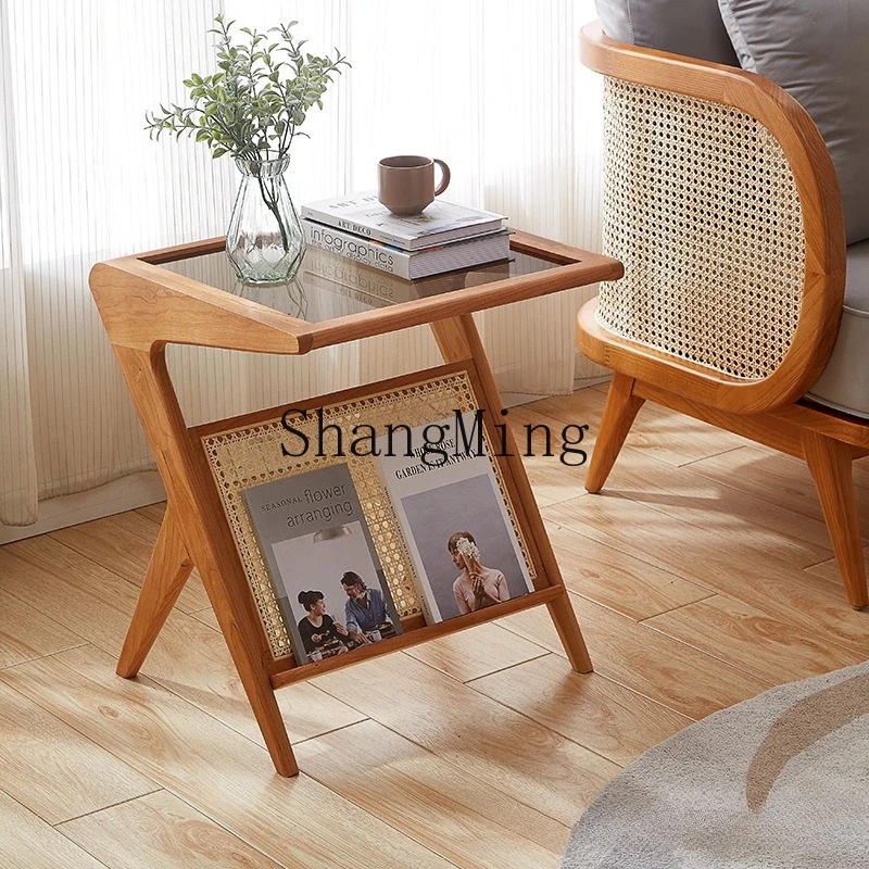 

SM medieval bedside side leisure rack cherry wood glass small coffee table living room sofa side table