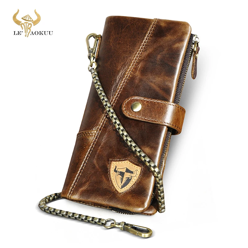 Hot Sale Real Cowhide Leather Travel Business Organizer Chain RFID Wallet For Men Long Zipper Male Purse Card Holder 1803