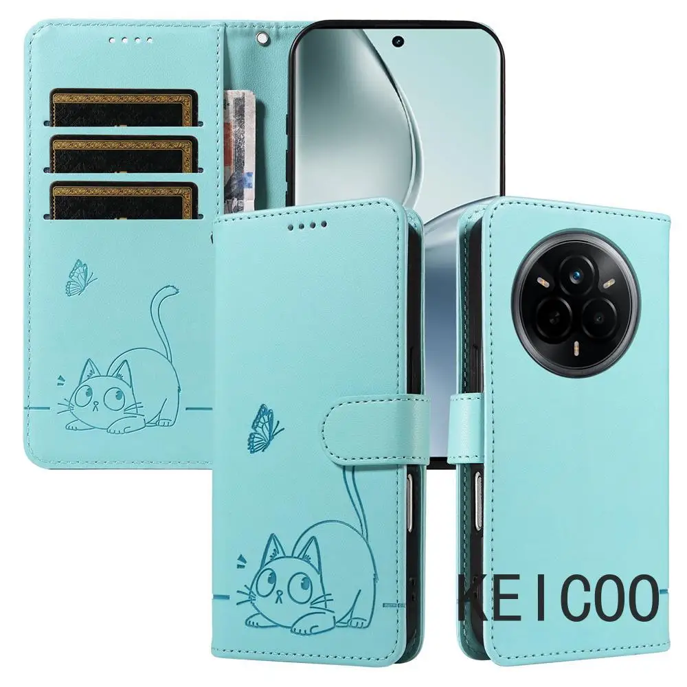 

Симпатичный тисненый корпус для Realme 12, 13, 14, 14x Pro Plus, 4G, 5G (Китай) (Индия), откидная крышка, слот для карт, однотонный кожаный чехол с ремешком