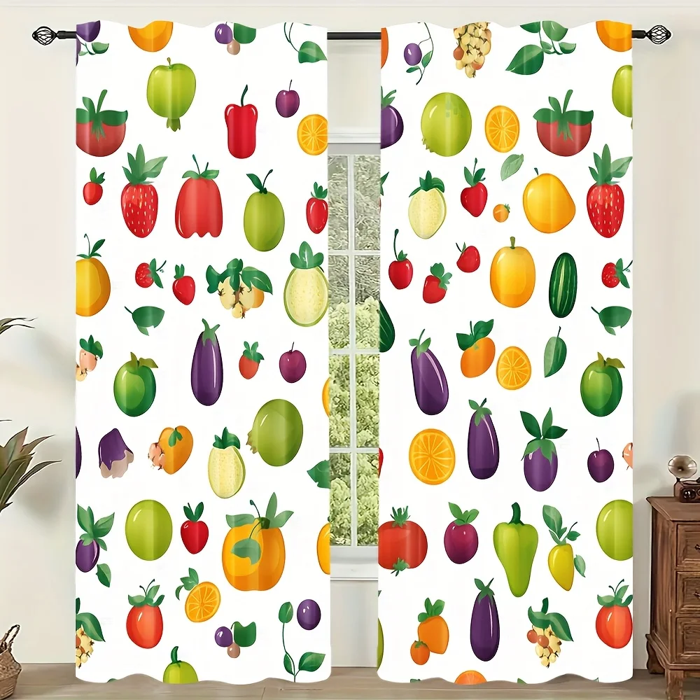

2pcs Fruit Vegetable Curtains Colorful Food Pattern Print Drape Kitchen Dining Room Window Treatment Cute Farmhouse Home Decor