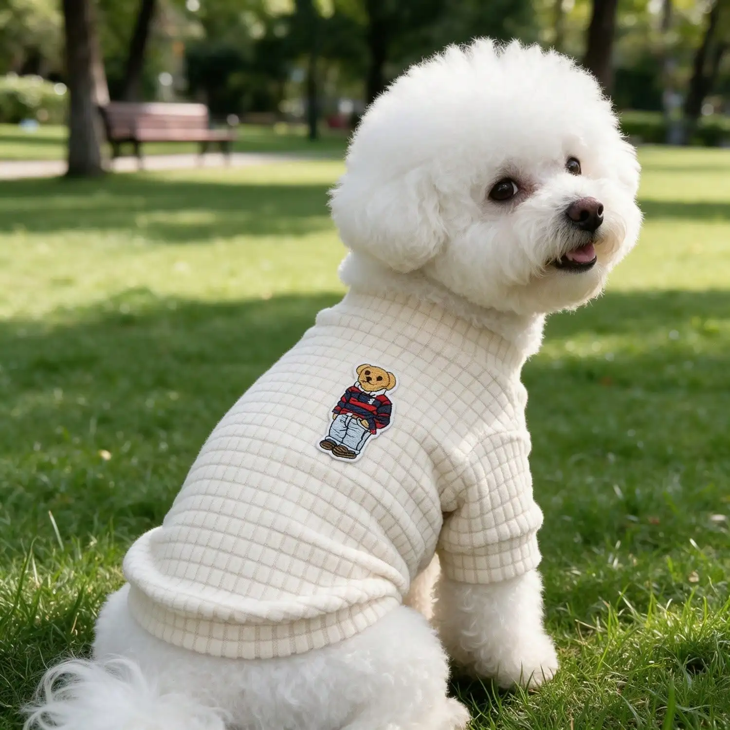 1 Stück Bären-Patch Waffel-Strick-Hundeshirt, weiches Halbrollkragen-Haustier-Outfit für kleine Hunde – Detail 1