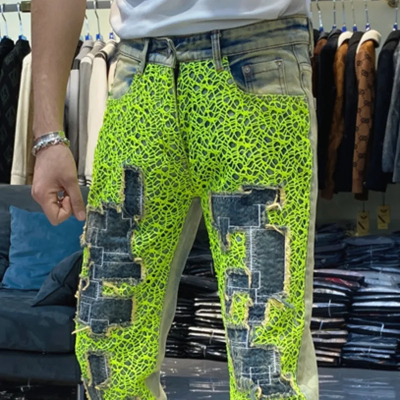 

Contrasting Colors Versatile Small Straight Elastic Jean For Men Hollow Contrasting Color Mesh Personalized Denim Pants Trousers