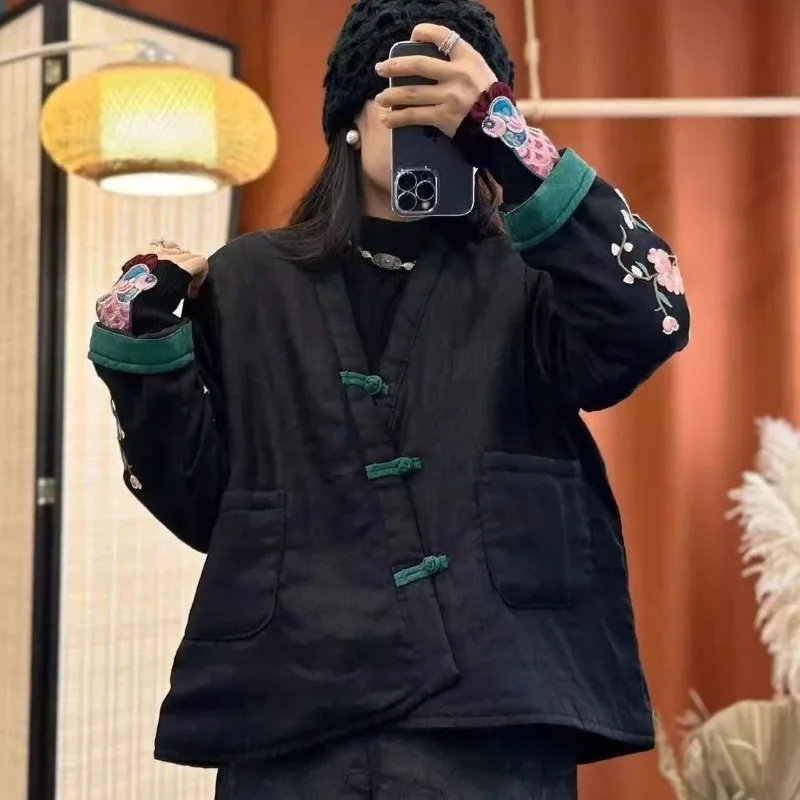 Women's Fall Winter Tops Coat Cotton Coat Embroidery Plate Button Linen Literary Retro Leisure Soft Comfortable Versatile Niche