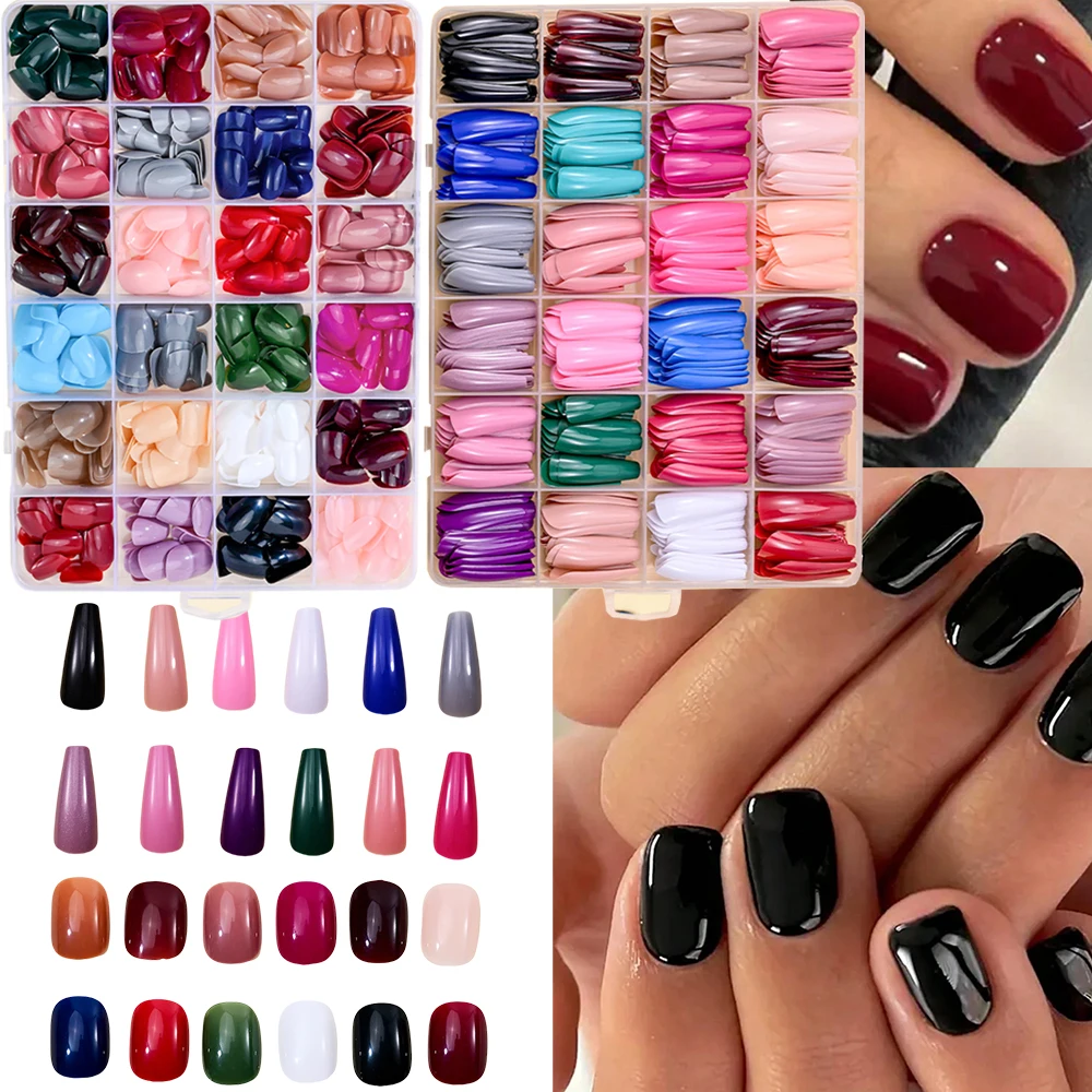 576pcs/Box Solid Color Acrylic False Nail Tips Square Shape False Nail Tips 10 Sizes Colored Press on Nails Nail Art Kits Tools