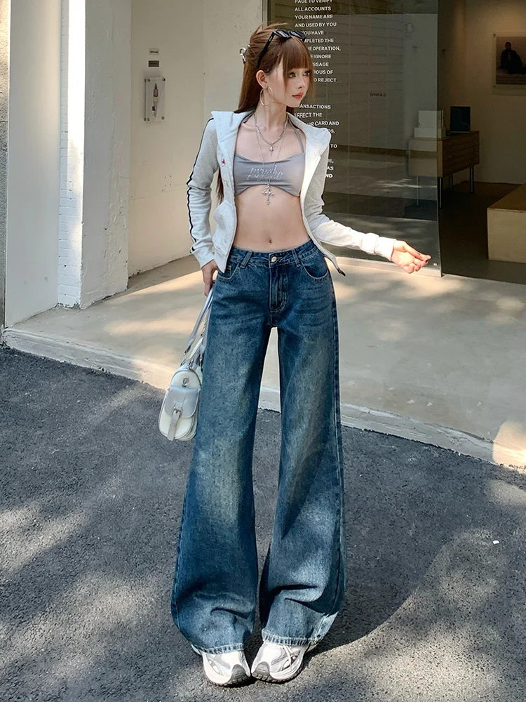 

Retro American Hot Girl Paw Print Slim Wide Leg Jeans Women's Low Waist Straight Leg Micro Flared Long Trousers