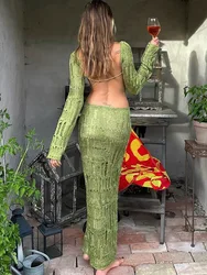 Maxi vestito sottile Sexy senza schienale a maniche lunghe lavorato a maglia moda donna 2023 autunno vedere attraverso l'abito da festa per le vacanze Y2K