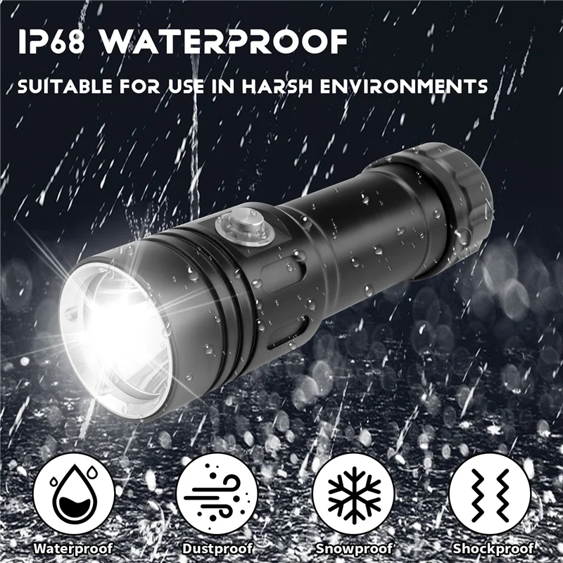 ABLJ ไฟฉาย LED ดําน้ํา Scuba Dive ใต้น้ํา Camping Lanterna ไฟฉาย Stepless Dimming ขับเคลื่อนโดย 18650 26650 แบตเตอรี่