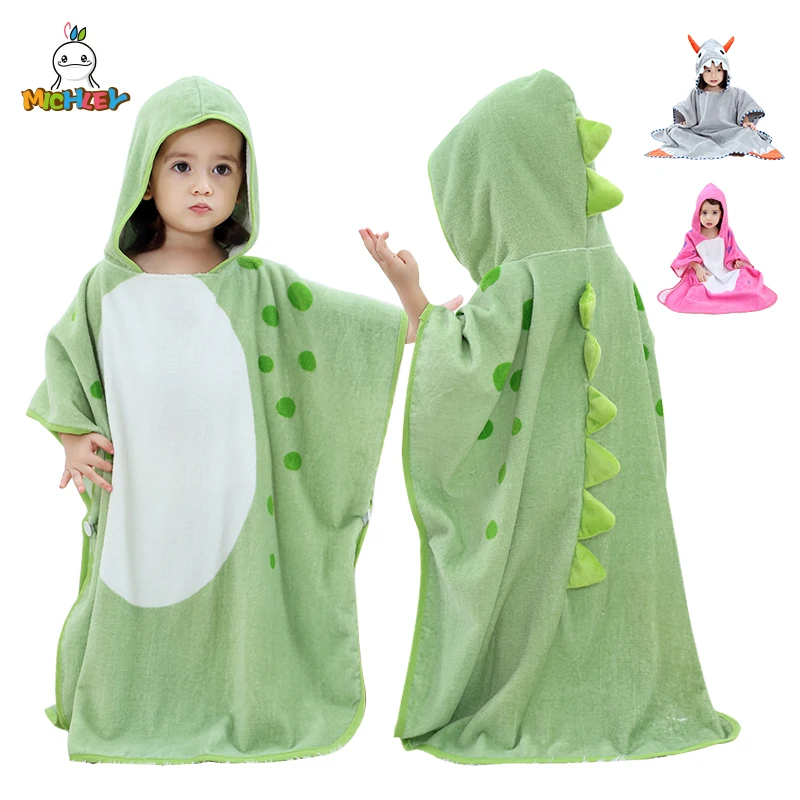 MICHLEY Cartoon Dinosaur Baby Bath Towel Cotton Hooded Beach Towel Shower Infant Soft Bathrobe Shower Unisex For Kids Girls Boys