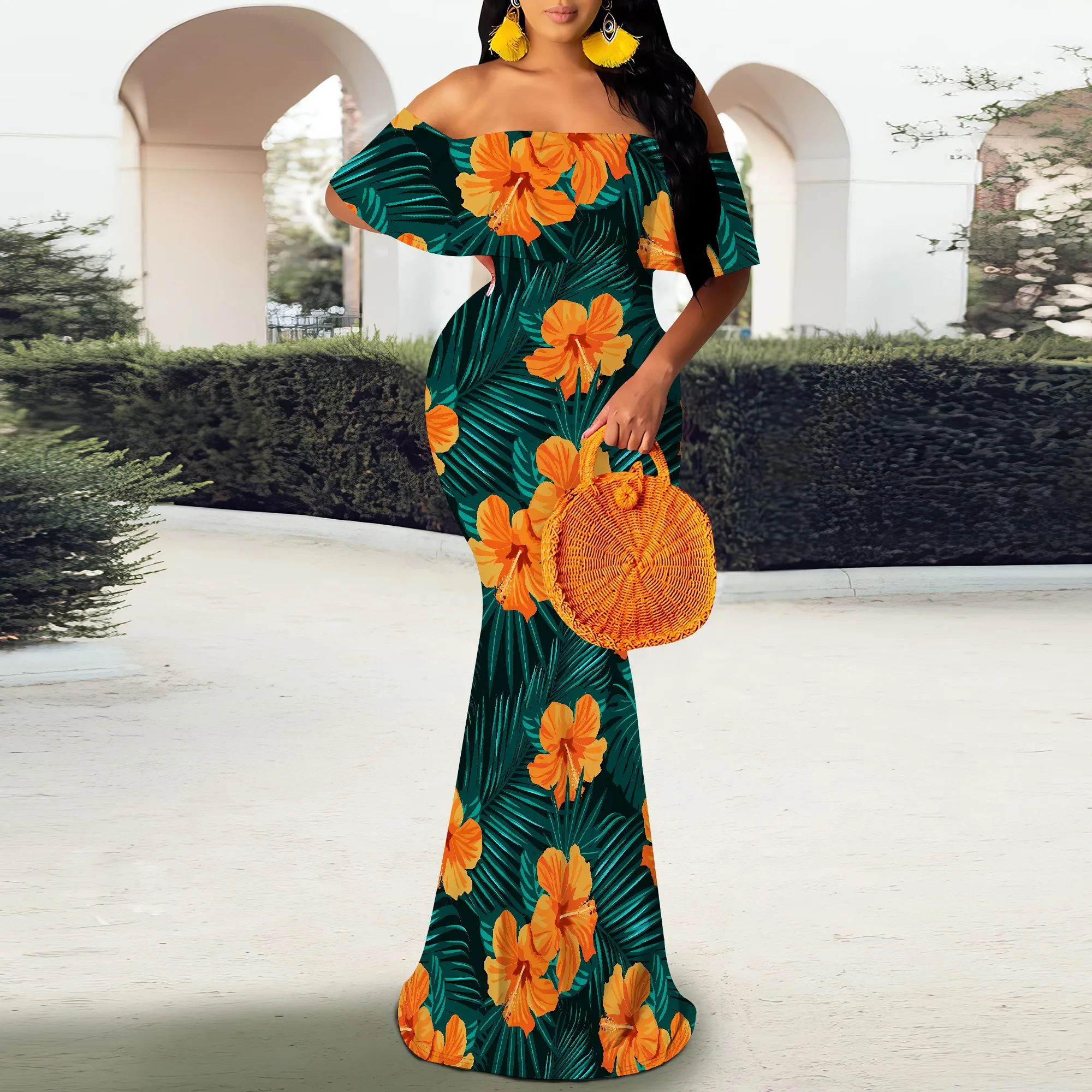 

Tropical Floral Off Shoulder Maxi Dress for Women Summer Beach Party Elegant Outfit