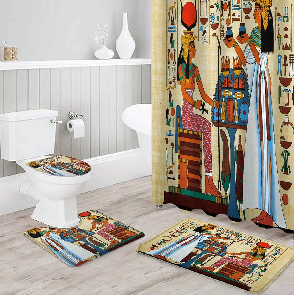Ancient Egyptian Papyrus Shower Curtain Sets Non-Slip Rugs Toilet Lid Cover and Bath Mat Waterproof Bathroom Curtains