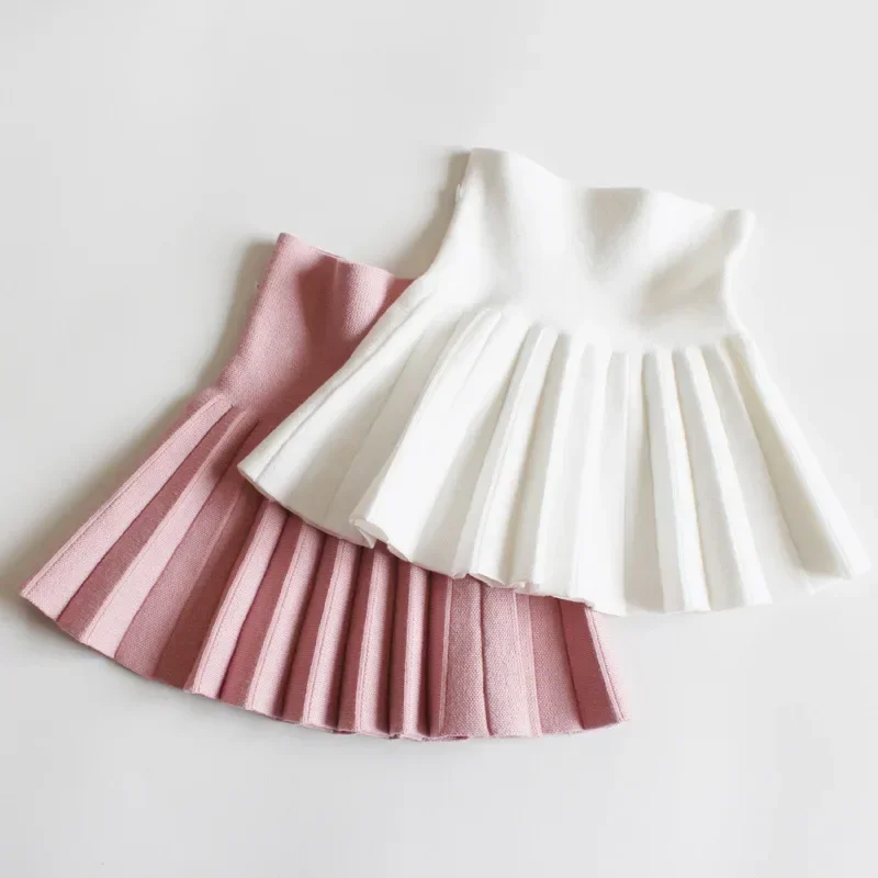 Baby Girls Knit Skirt Autumn Winter Princess Pleated Children School High Waist Mini Tutu Skirts Kids Clothing