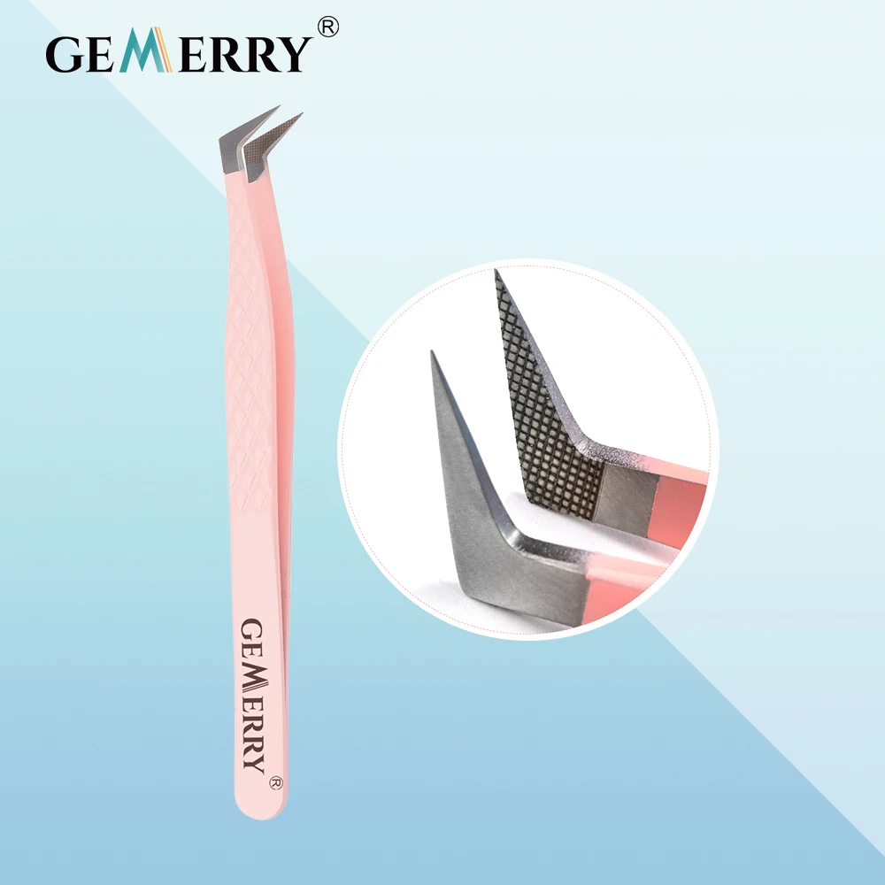 Gemerry 1 peça pinça rosa de aço inoxidável para extensões de cílios, pinça antiestática de alta precisão com pontas de fibra